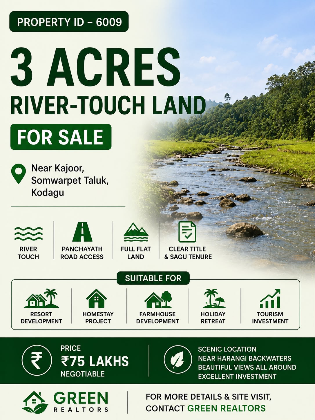 🆔 *PROPERTY ID – 6009* 🌊🌿 *3 Acres Scenic River-Touch Land for Sale – Near Somwarpet, Kodagu*